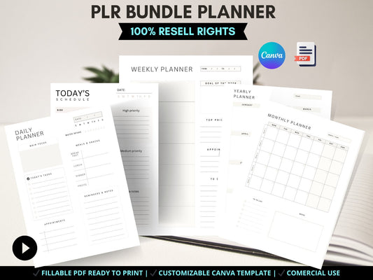 PLR Planner Bundle: Premium Customizable & Fillable Designs for Daily, Weekly, Monthly, and Yearly Planning - ResellNest
